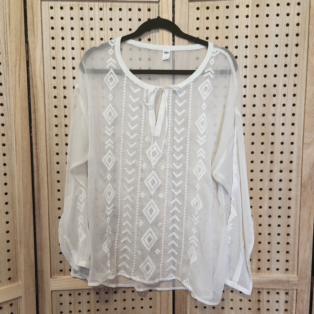 Old Navy Womens L Blouse White Sheer Embroidered Longsleeve